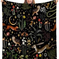 LUVIVIHOME Mushroom Throw Blanket, Black Blanket, Rabbit Squirrel Owl Snake Green Plant Botanical Bl