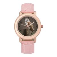 Barn Owl Perches on A Fence Womens Watch Round Printed Dial Pink Leather Band Fashion Wrist Watches