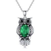 Althum Owl Necklace 925 Sterling Silver 7mm * 9mm Oval Cut Created Green Emerald Vintage Owl Pendant