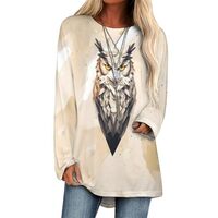 MARSVOVO Animal Pullovers for Women Owl Beige 3D Print Crewneck Long Sleeve Pullover Shirts Casual P