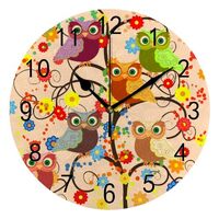 Wall Clock for Living Room Decor Bright Cute Cartoon Owls Branches PVC 9.8 Inch Hanging Round Desk C