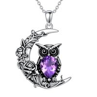 KZX Crescent Moon Owl Necklace for Women 925 Sterling Silver Amethyst Rose Owl Pendant Jewelry Gift 