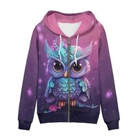 Hinthetall Cartoon Owl Hoodies for Women Plus Size Long Sleeve Drawstring Drop Shoulder Zip Up Hoodi