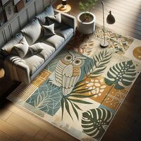 Ambesonne Mid Century Decorative Rug, Modern Boho Concept Tropical Leaves and Owl with Abstract Line