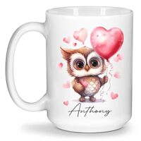 Customized Adorable Owl White Travel Mug With Name, Personalized Ceramic Cup With Owl Holding Heart 