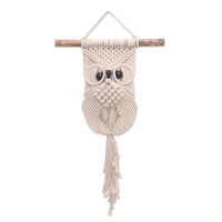 NOVICA Artisan Handmade Cotton Macrame Wall Hanging Owl with Albesia Wood Accents Ivory Cotton Wood 