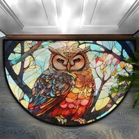 Owl Glass Window Half Round Door Mat, Non-Slip Entrance Welcome Mat for Indoor Semi Circle Bathroom 