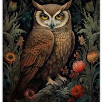 Regal Owl 11x14 Unframed Poster - Vintage Wildlife Botanical Fusion - Elegant Illustrative Art for A