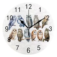 Wall Clock for Living Room Decor Watercolor Cute Owl Set PVC 9.8 Inch Hanging Round Desk Clocks Sile