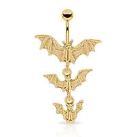 Pierced Owl Gothic Triple Vampire Bat Dangling Belly Button Ring (Gold Tone)