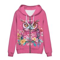 Psaytomey Women's Full-Zip Hooded Sweatshirt Pink Owl Print Hoodies with Pockets Hoodies for Wo