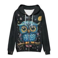 Psaytomey Women's Full-Zip Hooded Sweatshirt Cute Owl Print Hoodies with Pockets Hoodies for Wo