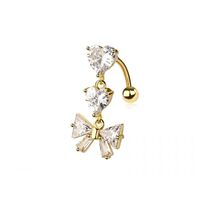 Pierced Owl 14GA 316L Stainless Steel CZ Crystal Dangling Hearts and Ribbon Reverse Belly Button Rin