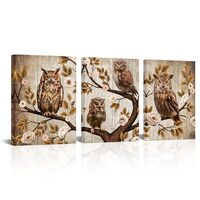 LyerArtork 3 Panels Owl Family Canvas Wall Art Brown Vintage Birds on Branch with Flowers and Leaves