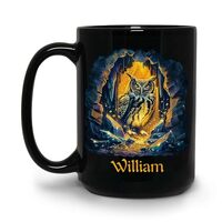 Charming Owl In A Crystal Cave Design On Black Mug, Personalized Name Animal Lover Coffee Mug, Custo