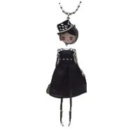 The Crafty Owl Enamel Cute French Doll Necklace with Fabric Dress Pendant - Various Designs (Black D