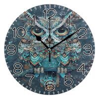 Owl Turquoise and Brown Ornate Feathers Wall Clock Battery Operated Non Ticking Silent Quartz Analog