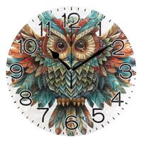 Boho Totemic Mascot Owl Wall Clock Battery Operated Non Ticking Silent Quartz Analog Rustic Farmhous