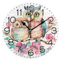 Watercolor Cute Owl Couple Flowers Wall Clock Battery Operated Non Ticking Silent Quartz Analog Rust
