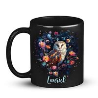 Custom Name Coffee Mug For Owl Lovers, Owl In Chrysanthemum Wreath Design On Black Mug, Personalized