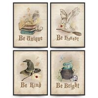 PLKMN Vintage Retro Magic Art Print Set of 4, Owl Magic Book Magic Stick Wall Art,Be Kind Wall Poste