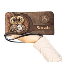 Personalized Owl Women Leather Wallet, Custom Name Vintage Owl RFID Blocking Zip Wallet, Boho Owl Ca