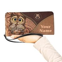 Personalized Owl Women Leather Wallet, Custom Name Vintage Owl RFID Blocking Zip Wallet, Boho Long L