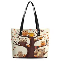 Leather Lady's Handbag,Cartoon Family Owls On The Brown Tree Leather Shoulder Bag with Large Ca