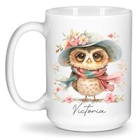 Personalized Cute Owl With Flower Porcelain Mug, Customized Choose Name Tea Cup On Women Day, Custom