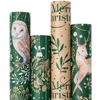RUSPEPA Christmas Kraft Wrapping Paper - Owl, Reindeer, Christmas Ball and Text Design - 4 Rolls - 3