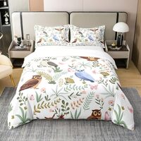 Cartoon Owl 100% Organic Cotton Duvet Cover Queen Colorful Nature Animal Bedding Set Hand Drawn Plan