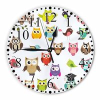 KEEPSUPER Owls Wall Clock 10 Inch Battery Operated Color Cute Cartoon Owls and Birds Clock Silent No
