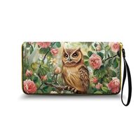Salabomia Owl Flower Bifold Wallet for Women Wristlet Purse Handbag Leather Clutch Purse with Strap 