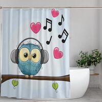 UIANG Owl,Waterproof Shower Curtain,Cartoon Owl with Headphones,Farmhouse Fabric Shower Curtains for