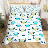 Cartoon Owl Kids Duvet Cover Set Twin Size,Stars Cloud Cute Animals Bedding Set,Girls Boys Room Deco
