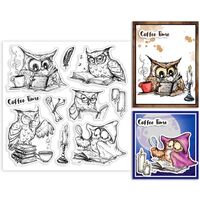 GLOBLELAND Cartoon Owls Clear Stamps for Cards Making Owl Coffee Books Silicone Clear Stamp 15x15cm 