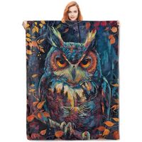 VANZEV Autumn Owl Flannel Blanket,Vibrant Artistic Owl Portrait with Fall Leaves Soft Lightweight Th
