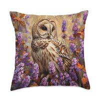 Van Gogh Style Lavender Flower Floral Barred Owl Throw Pillow