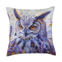 Great Horned Owl Lover Floral Van Gogh Style Lavender Throw Pillow