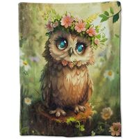 KINDOJIA Whimsical Owl Flannel Blanket: 50X60 Inch Adorable Owl with Floral Crown Design in a Forest