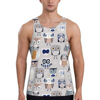 Mens Tank Tops Summer - Quirky Doodle Owl Grey Sleeveless Shirts for Men, Mens Sleeveless Tee Shirts