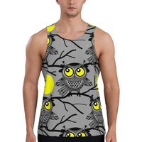 Mens Tank Tops Summer - Moon Owl - Gray Sleeveless Shirts for Men, Mens Sleeveless Tee Shirts