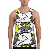 Mens Tank Tops Summer - Moon Owl - White Sleeveless Shirts for Men, Mens Sleeveless Tee Shirts