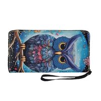 JUDENTIDOS Blue Owl Wristlet Clutch Cell Phone Wallet for Women's PU Leather Card Holder Multi 