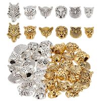 DELORIGIN 48pcs Metal Animal Head Beads, 6 Styles Tibetan Style Alloy Beads Spacer Charms, Owl Lion 