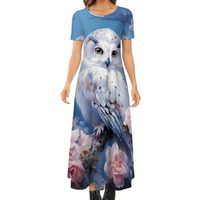 Owl Women's Summer Casual Short Sleeve Maxi Dress Crew Neck Printed Long Dresses L