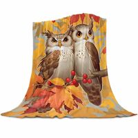 Pinroote Fall Owl Throw Blanket Flannel Microfiber Blanket, Orange Red Maple Leaf Autumn Thanksgivin