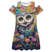 PinUp Angel Floral Owl Print Womens Summer Dress Casual Loose Short Sleeve Crew Neck Flowy Swing Min