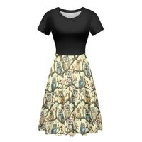 GLUDEAR Women's 3D Print Crew Neck Unique Flared A-Line Skater Casual Dress,Owl Tree,L