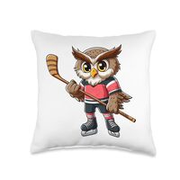 Cute Cartoon Owl Hockey Player Ice Hockey Throw Pillow